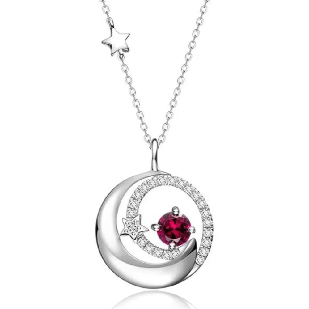 Sterling Silver Moon and Star Necklace Ruby Birthstone Jewelry Gift for Women
